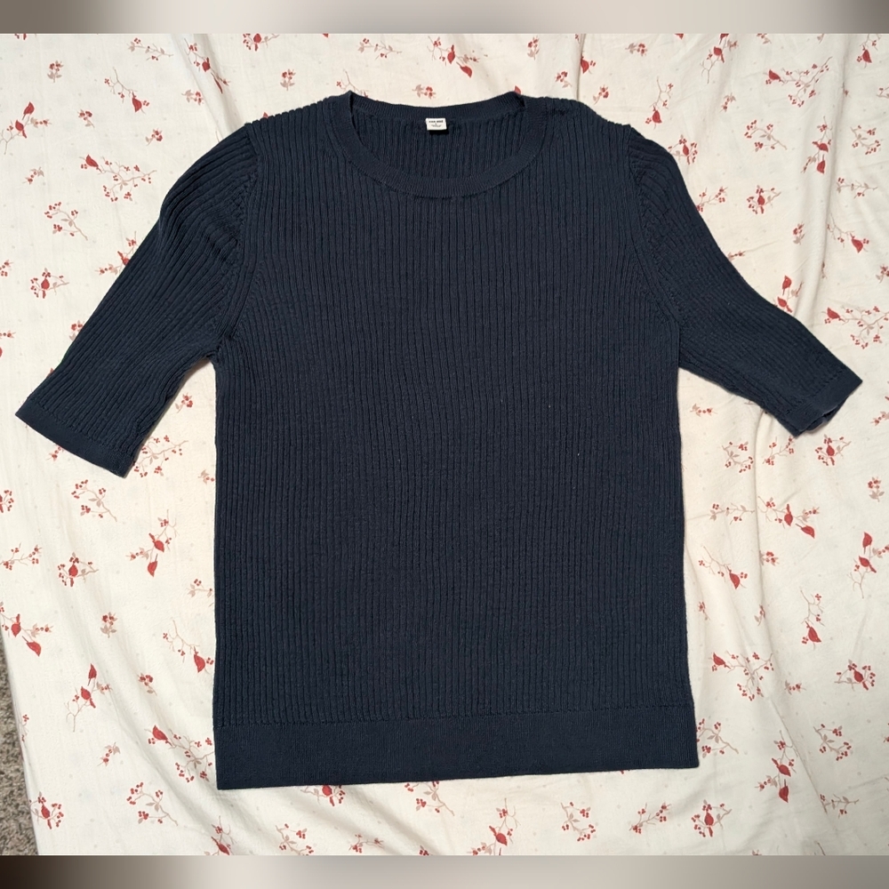 Uniqlo Women's 3D Knit 100% Wool Half Sleeve Crewneck Sweater, Size L, Navy Blue